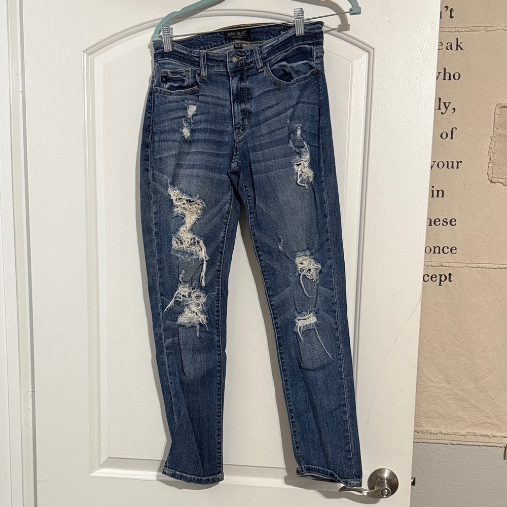 Judy Blue Distressed Straight Leg Jeans - Dark Blue